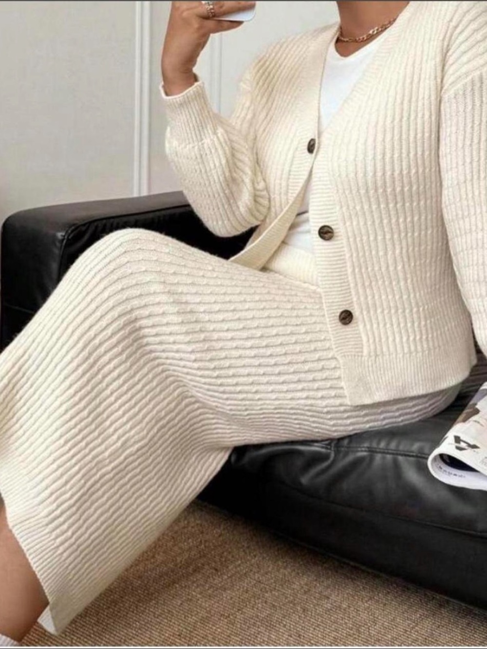 Cream Ribbed Knit Cardigan & Skirt Set